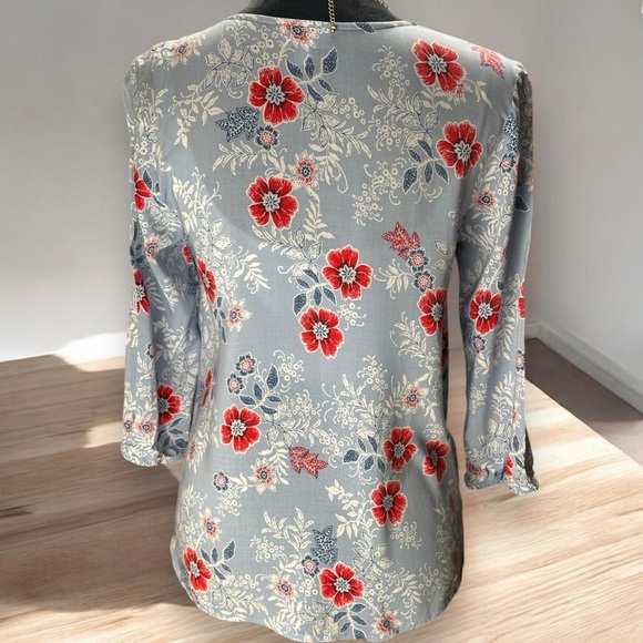 J.JILL Womens Size SP Floral 3/4 Sleeve Floral Button Up Blouse Top Boho Poppy's - Picture 3 of 8